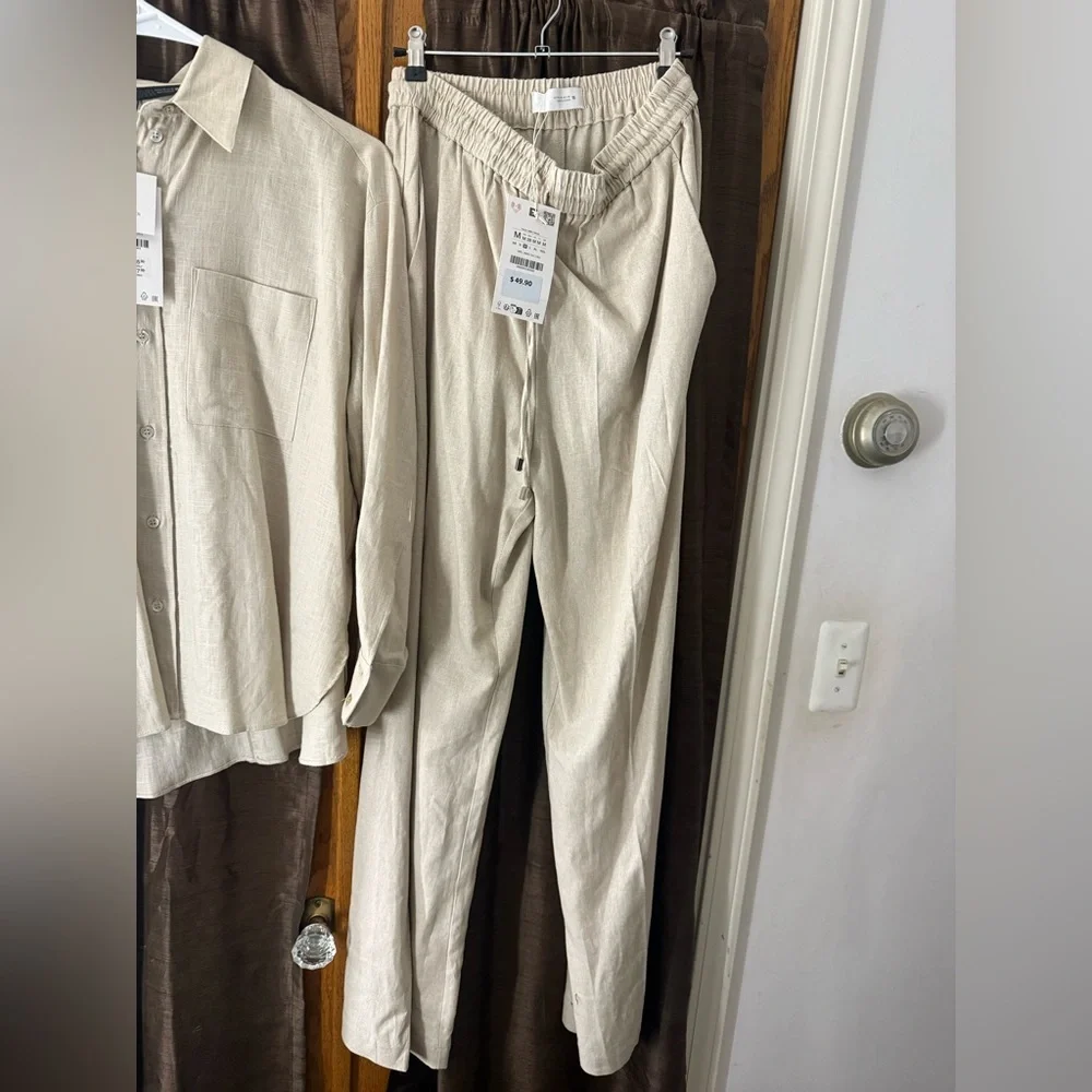 NWT Zara Linen Blend Matching Set Beige Button Up Shirt XS Pants M